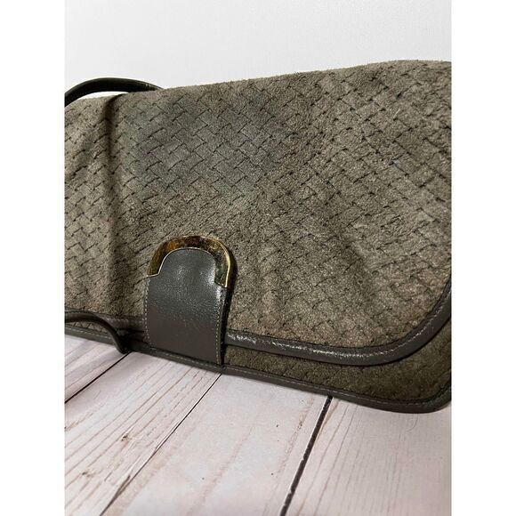 Etra Vintage Gray Suede Crosshatch Gold Detail Crossbody Purse - Picture 2 of 14
